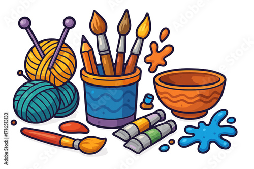 Art and craft supplies vector set. Creative hobby tools illustration. Knitting yarn, paint brushes, pottery bowl, pencil, and paint tubes for handmade projects. Cartoon drawing.