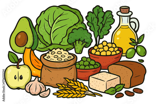 Plant-based food for a healthy vegan diet. Vector cartoon of organic vegetables, fruits, grains, legumes, tofu, olive oil, avocado, bread. Nutrition, sustainability concept.