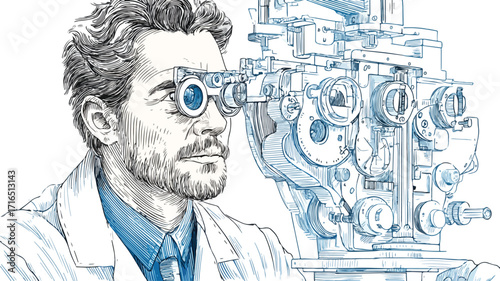 Optician Using Phoropter Vector Illustration for Eye Exam Equipment