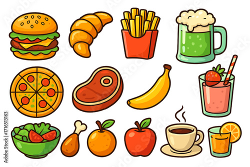 Food and drink icon collection. Cartoon vector set of meal, snack, and beverage items. Burger, pizza, fries, fruit, coffee, juice, beer. Fast food and healthy eating concept.