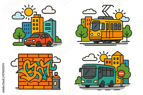 Urban transport icon set with car, bus, and tram in a city scene. Street art graffiti on brick wall. Flat line cartoon vector illustration collection for city life concepts.