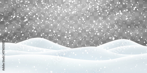 Vector heavy snowfall with snowbanks field. Snow landscape decoration, frozen hills isolated on png background. Snow flakes, snow and blizzard falling on snowdrifts. Christmas vector illustration