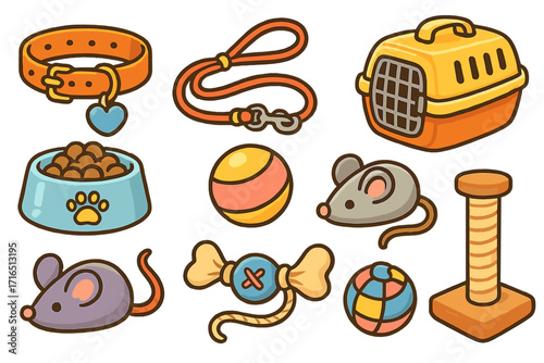 Pet shop accessory set. Cat and dog care equipment collection. Leash, food bowl, collar, carrier, scratching post. Veterinary icons. Toy mouse, ball. Animal supplies vector pack.