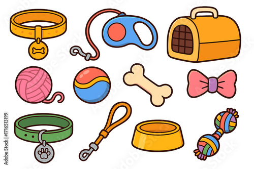 Pet shop accessories set. Cute cartoon vector illustrations of dog and cat care items. Includes collar, leash, carrier, toys, bowl and bone for an animal store or veterinary clinic.