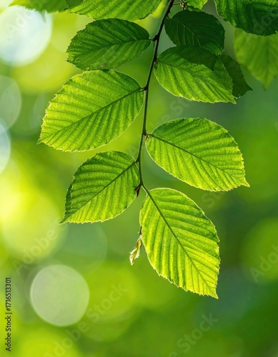 Fresh green leaves on a branch, bathed in sunlight, bokeh background