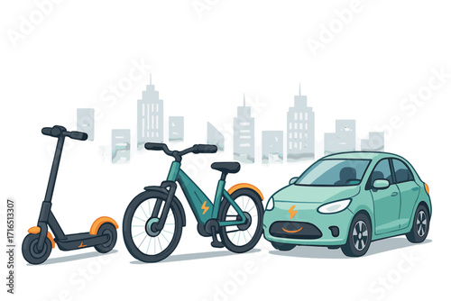 Electric transportation options with car, bike, and scooter. Urban e-mobility concept. Green energy vehicles for city life. Sustainable transport set vector cartoon illustration.