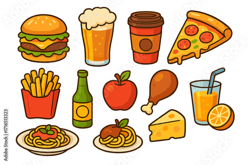 Food and drink icon set. Fast food cartoon collection. Burger, pizza, fries, beer, coffee, spaghetti, apple, juice, cheese, chicken. Vector graphic elements for menu design.
