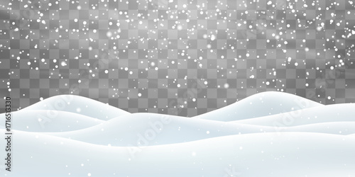 Vector heavy snowfall with snowbanks field. Snow landscape decoration, frozen hills isolated on png background. Snow flakes, snow and blizzard falling on snowdrifts. Christmas vector illustration
