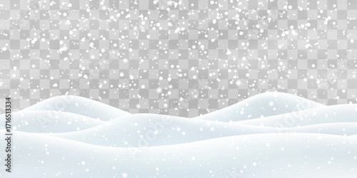 Vector heavy snowfall with snowbanks field. Snow landscape decoration, frozen hills isolated on png background. Snow flakes, snow and blizzard falling on snowdrifts. Christmas vector illustration