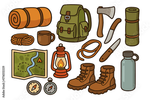 Camping gear and hiking equipment vector icon set. Outdoor adventure and survival tools. Backpack, map, compass, boots, knife, and lantern cartoon illustration collection.