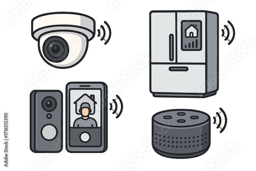 Smart home technology vector icon set. Internet of Things devices for home automation. Security camera, video doorbell, smart fridge, and voice assistant illustration.