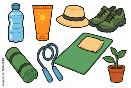 Health and wellness essentials for outdoor activities and home relaxation. Vector cartoon icons for hiking, fitness, yoga, self-care, meditation, and a healthy lifestyle.