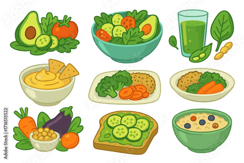 Healthy food collection. Vegan meals set. Plant based diet icons. Vegetarian food illustration. Salad, smoothie, hummus, avocado toast, oatmeal bowl. Healthy lifestyle vector.