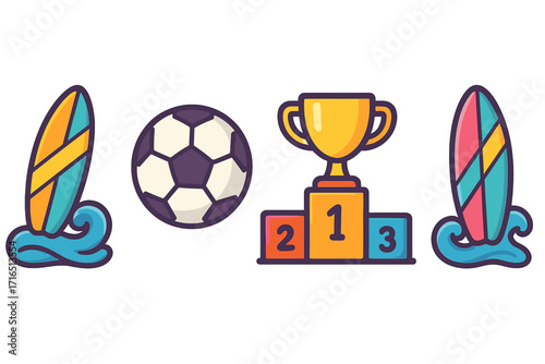 Sports icon set with surfboard, soccer ball, winner trophy, and podium. Vector cartoon illustration for competition, championship, and athletic achievement. Summer sport concept.