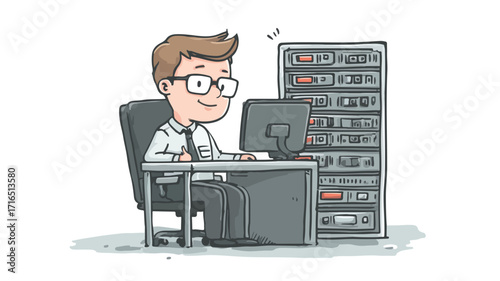 Professional System Administrator Character, IT Expert Working at Desk with Computer and Servers