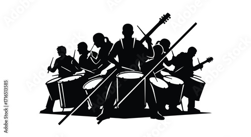 Energetic band performing with drums and guitars, creating a lively musical performance.