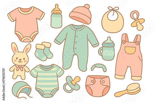 Pastel Baby Clothing and Accessories Set. Cute Cartoon Onesies, Bodysuit, Pajamas, Mittens, Bottle, Pacifier, Hat, Sanitary Items, Toy, Socks, Bib, Overalls. Newborn Care Essentials Vector