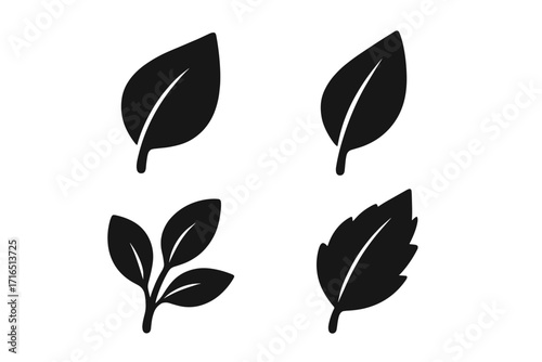 Set of black leaf silhouette icons. Simple flat vector illustration. Collection of different leaves and branch symbols. Natural, organic, vegan, and eco friendly concept graphic.