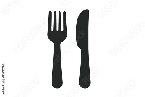 Black silhouette vector of tableware utensils featuring a knife and fork, minimal modern kitchen cutlery icon, restaurant dining equipment, cooking tools, isolated transparent background illustration