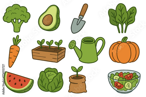 Gardening and healthy food icon set. Cartoon vector illustration of organic vegetables, fruits, and farming tools. Plant-based concept with carrot, avocado, and salad.