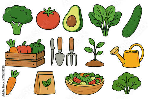 Gardening icon set with fresh vegetables and tools. Vector illustration of plant-based food, organic farming, healthy eating. Vegan diet and vegetarian nutrition concept.