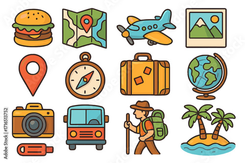 Travel icon set. Adventure vacation journey. Tourism exploration holiday. Transportation food navigation. Hiker, airplane, bus, map, compass, camera, suitcase, globe symbol.