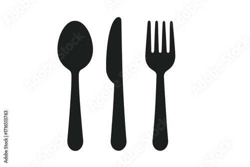 Black tableware silhouette icon set. Spoon, knife and fork vector illustration on white background. Cutlery collection for restaurant, cafe, kitchen, menu, graphic resources, food service concepts.