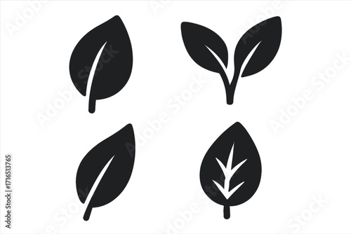 Leaf icon set vector collection. Black silhouette leaves symbol. Sprout plant graphic element. Organic eco bio sign. Natural vegan food concept. Growth and nature logo design.