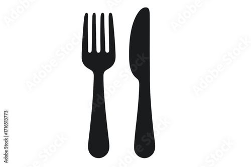 Black silhouette vector of fork and knife tableware icon, restaurant kitchen utensil set, cutlery, dining tools, food service equipment, minimalist illustration, isolated on white background