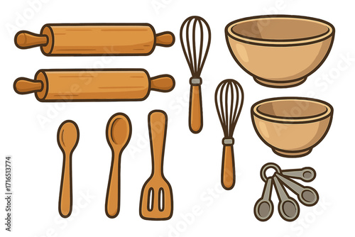 Kitchen tools for baking vector cartoon set. Cooking equipment collection with rolling pin, bowl, whisk, and spoon. Flat illustration for culinary or gastronomy design.