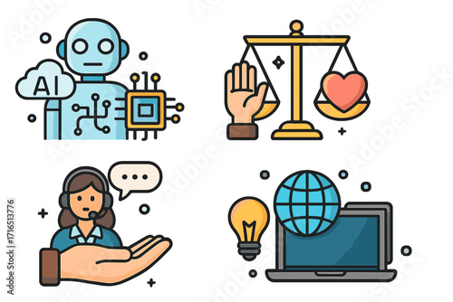 AI ethics and technology vector icon set. Artificial intelligence concepts, machine learning, legal balance, customer support, global innovation, and modern society ideas.