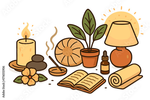 Cozy wellness setup for mindfulness and self-care. Relaxing meditation scene with candle, incense, and essential oil. Vector for mental health, balance, and zen living.