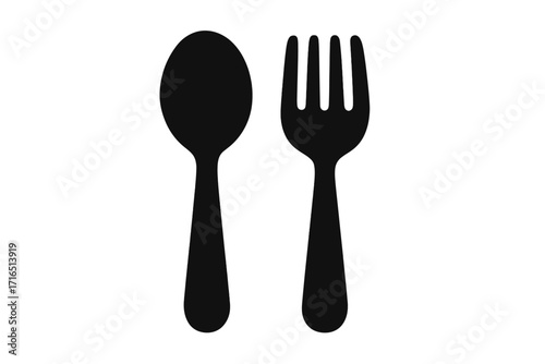 Silhouette cutlery symbol vector. Spoon and fork cartoon black illustration isolated on transparent background. Minimalist tableware kitchen utensils icon. Dining food restaurant concept graphic.