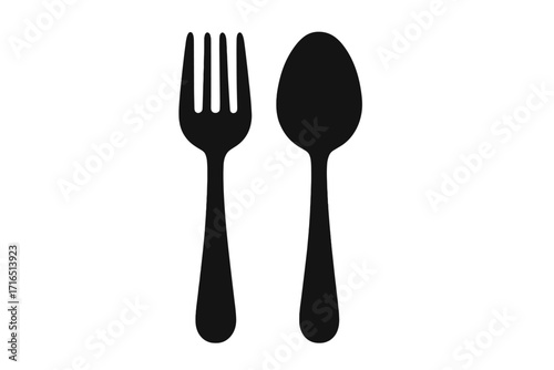 Black silhouette tableware vector illustration set featuring spoon and fork, minimalist kitchen utensil icons, simple dining cutlery for restaurant, cafe, food service, transparent background.