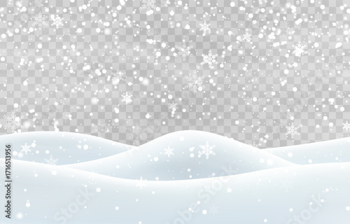 Vector heavy snowfall with snowbanks field. Snow landscape decoration, frozen hills isolated on png background. Snow flakes, snow and blizzard falling on snowdrifts. Christmas vector illustration