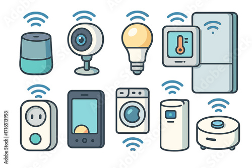Smart home devices and appliances icon set. Vector cartoon illustration of IoT technology for home automation, convenience and connectivity. Household electronics collection.