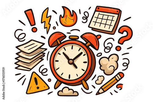 Deadline chaos and work stress metaphor. Time pressure and project urgency concept. Alarm clock, calendar symbols. Business burnout, overload, and multitasking vector set.