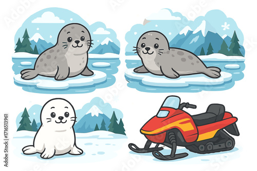 Cute cartoon seal and snowmobile vector illustration set. Arctic animal character collection with baby sea lion pup on ice floe and winter snow mountain landscape background.