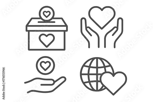 Charity and donation linear icon set. Volunteering, kindness, love and support concept. Giving money and help. Fundraising symbols. Heart in hands, donation box, global aid.