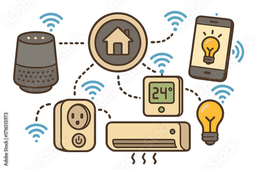 Smart home technology concept with internet of things. Wireless devices connection for home automation. Remote system control via phone, speaker, thermostat, light, air conditioner.