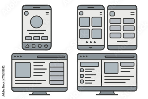 Vector illustration of user interface design concepts, modular layouts for mobile and desktop applications, wireframe screens, navigation UI elements, responsive web design, transparent background set