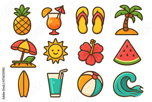 Summer beach icon set. Colorful tropical vacation symbols for seaside fun. Vector cartoon collection with pineapple, cocktail, palm tree, sun, surfboard, and wave elements.