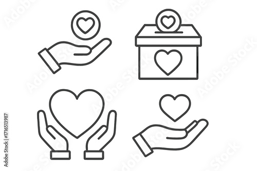 Charity and donation linear icon set. Concept of giving money, love, and care. Volunteer help, support, and kindness symbol. Philanthropy fundraising outline vector icons.