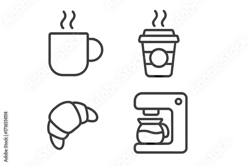 Coffee time icon set. Linear style vector illustration. Morning breakfast symbols: hot coffee mug, takeaway cup, croissant, coffee maker. Cafe menu & beverage elements.