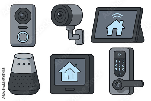 Smart home devices vector illustration for enhanced residential security and comfort featuring digital lock, security camera, speaker, touch screen control panel, video doorbell, wireless technology