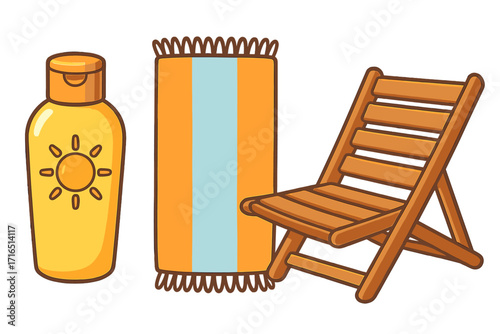 Summer beach essentials icon set vector illustration. Sunscreen sunblock lotion, towel and wooden beach chair for vacation travel. Sun protection and relaxation concept cartoon.
