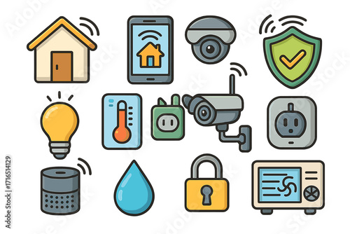 Smart home technology vector icon set. Internet of things (IoT) for house automation and security. Wireless device control, remote access and home system integration concept.