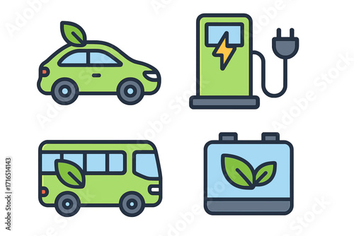 Set of eco friendly transport icons. Electric car, e-bus, EV charging station, and sustainable battery. Green energy and clean transportation concept vector illustration.