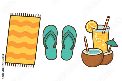 Summer beach essentials vector set. Cartoon towel, flip flops, and tropical drinks. Holiday vacation relaxation items. Isolated icons for travel, seaside leisure concepts.