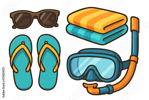 Summer beach essentials vector icon set. Cartoon collection of vacation accessories with sunglasses, flip flops, towels, and snorkeling gear for a sunny day trip or travel.